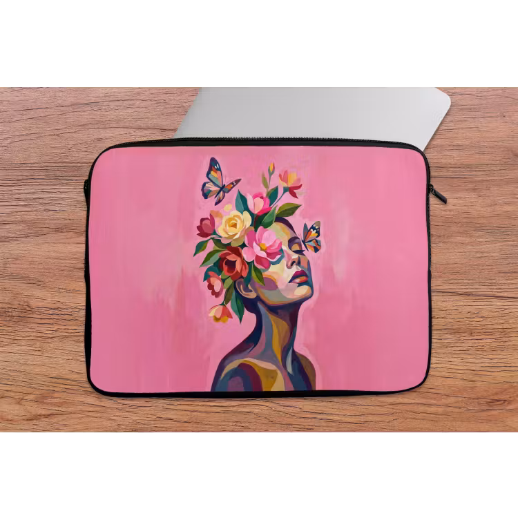 Vrouwengezicht - Vlinders - Kleurrijk laptophoes neopreen klein -tafel