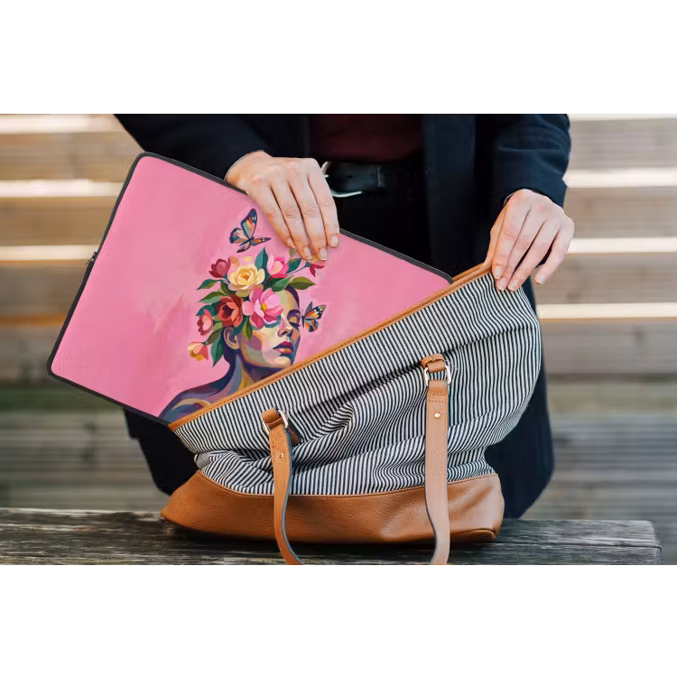 Vrouwengezicht - Vlinders - Kleurrijk laptophoes neopreen klein -tas