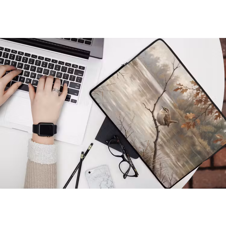 Winterkoninkje - Tak - Rivier - Natuur - Sfeervol laptophoes neopreen klein -bureau