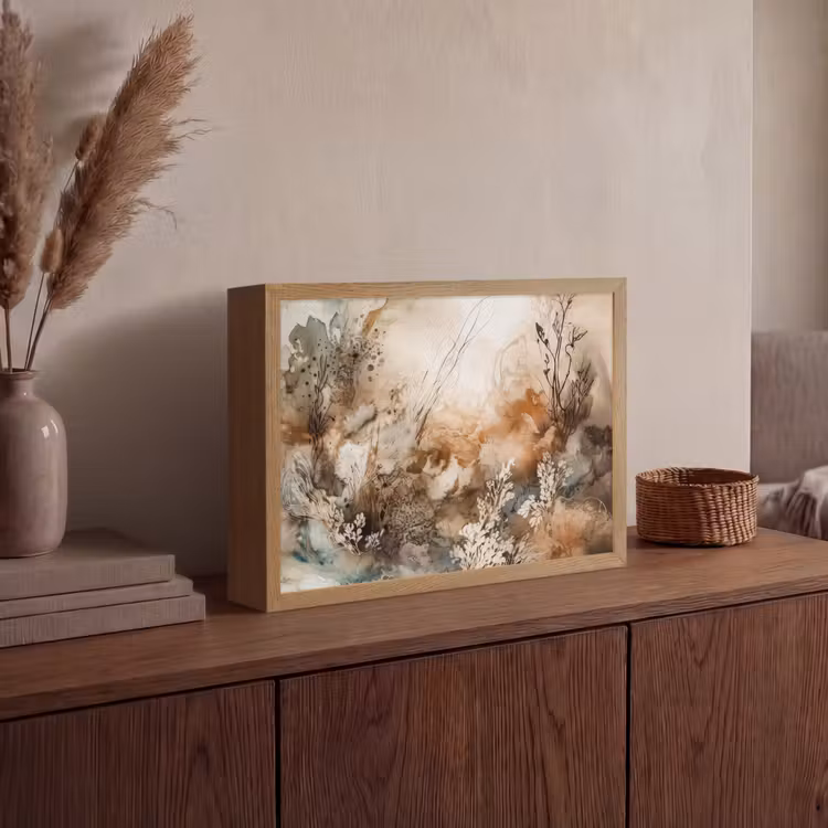 Abstract - Beige - Verf - Kunst - Natuur - Bloemen Light Box met batterij (Wandlamp) middel -sfeer2