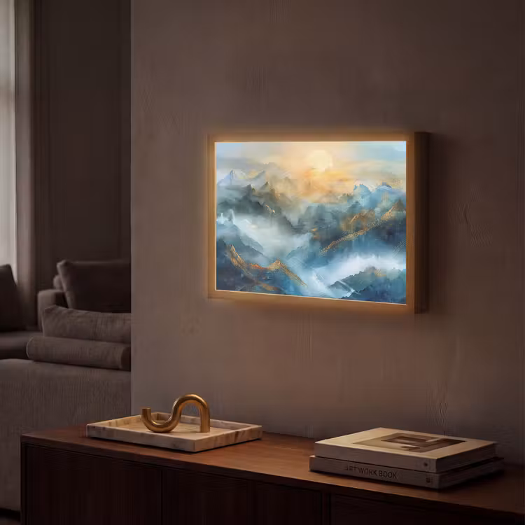 Abstract - Landschap - Bergen - Blauw - Modern Light Box met batterij (Wandlamp) middel -sfeer1