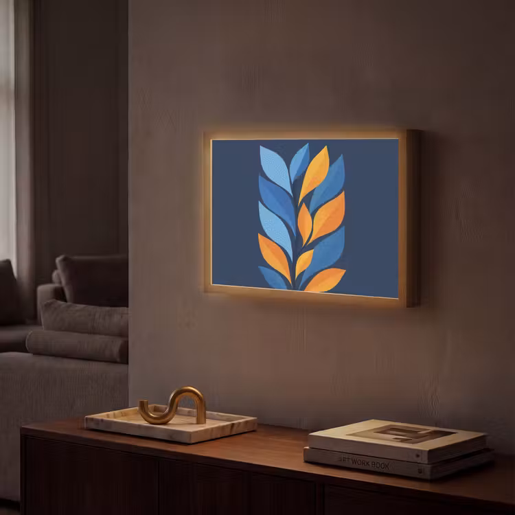 Abstract - Bladeren - Blauw Light Box met batterij (Wandlamp) middel -sfeer1