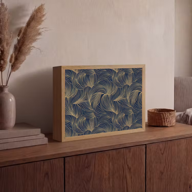 Abstract - Lijnen - Blauw - Goud Light Box met batterij (Wandlamp) middel 907 -sfeer2