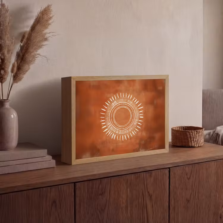 Abstract - Lijnen - Zonnestralen - Roodbruin Light Box met batterij (Wandlamp) middel -sfeer2