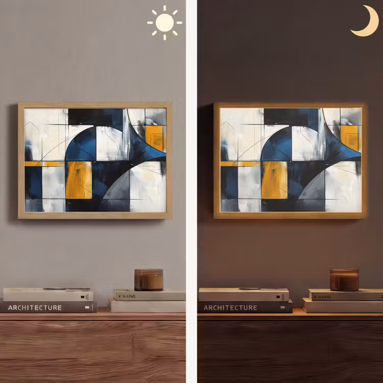 Abstract - Vormen - Goud - Blauw - Geometrisch Light Box met batterij (Wandlamp) middel -sfeer3