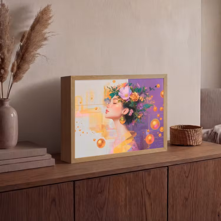 Abstract - Vrouw - Bloemenkroon - Goud Light Box met batterij (Wandlamp) middel -sfeer2