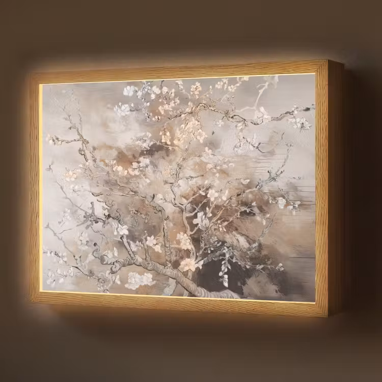 Amandelbloesem - Kunst - Van Gogh - Beige - Abstract Light Box met batterij (Wandlamp) middel -z3d_website