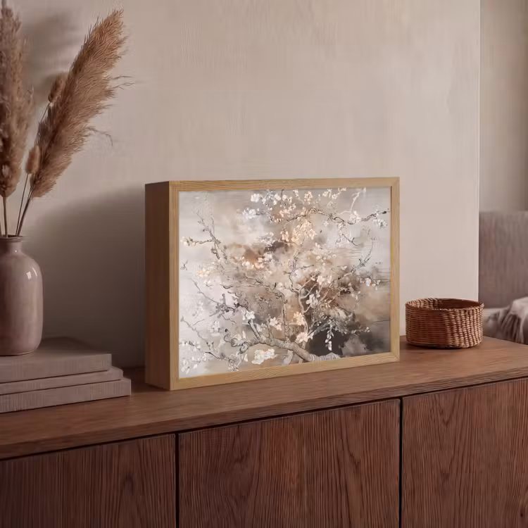 Amandelbloesem - Kunst - Van Gogh - Beige - Abstract Light Box met batterij (Wandlamp) middel -sfeer2