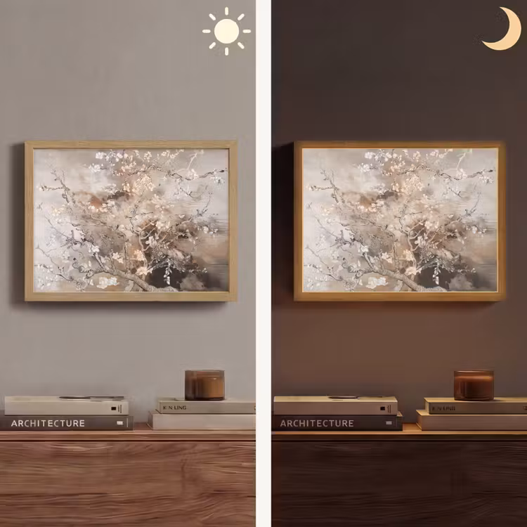 Amandelbloesem - Kunst - Van Gogh - Beige - Abstract Light Box met batterij (Wandlamp) middel -sfeer3