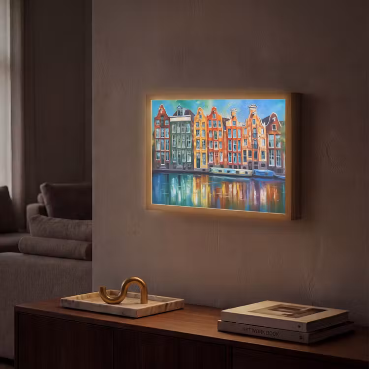 Amsterdam - Olieverf - Gracht - Schilderij - Kunst Light Box met batterij (Wandlamp) middel -sfeer1