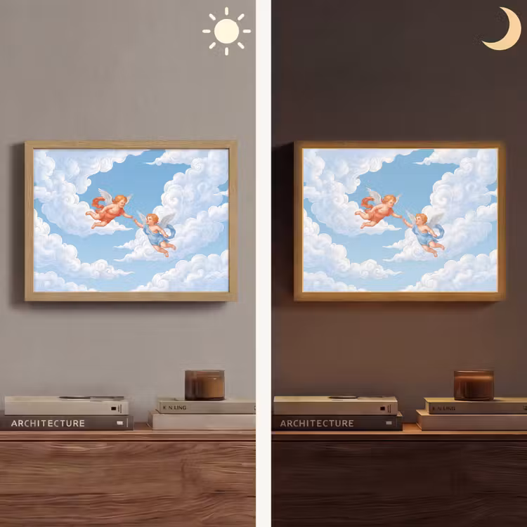 Engel - Vliegend - Klassiek - Blauw Light Box met batterij (Wandlamp) middel -sfeer3