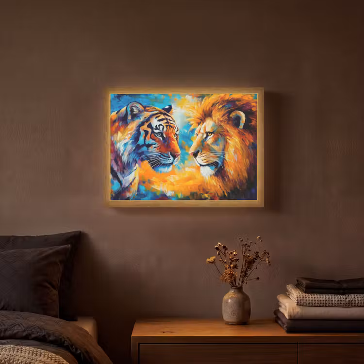 Dieren - Kunst - Leeuw - Tijger Light Box met batterij (Wandlamp) middel -sfeer4