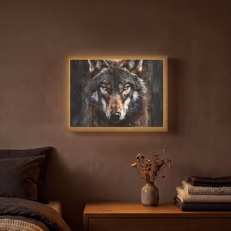 Dieren - Wolf - Portret - Zwart - Bruin Light Box met batterij (Wandlamp) middel -sfeer4