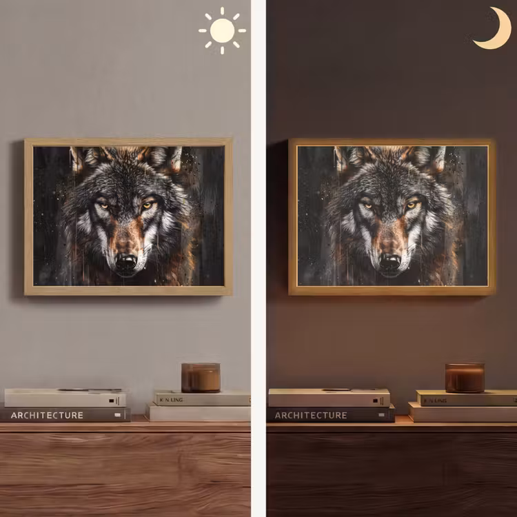 Dieren - Wolf - Portret - Zwart - Bruin Light Box met batterij (Wandlamp) middel -sfeer3