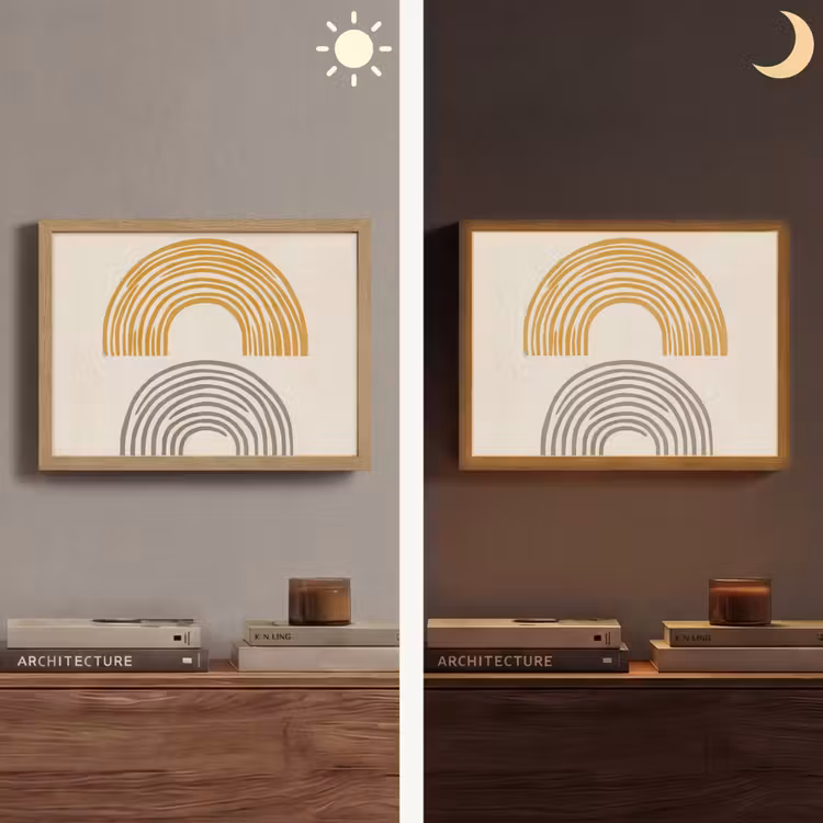Bogen - Lijnen - Oranje - Minimalistisch Light Box met batterij (Wandlamp) middel -sfeer3