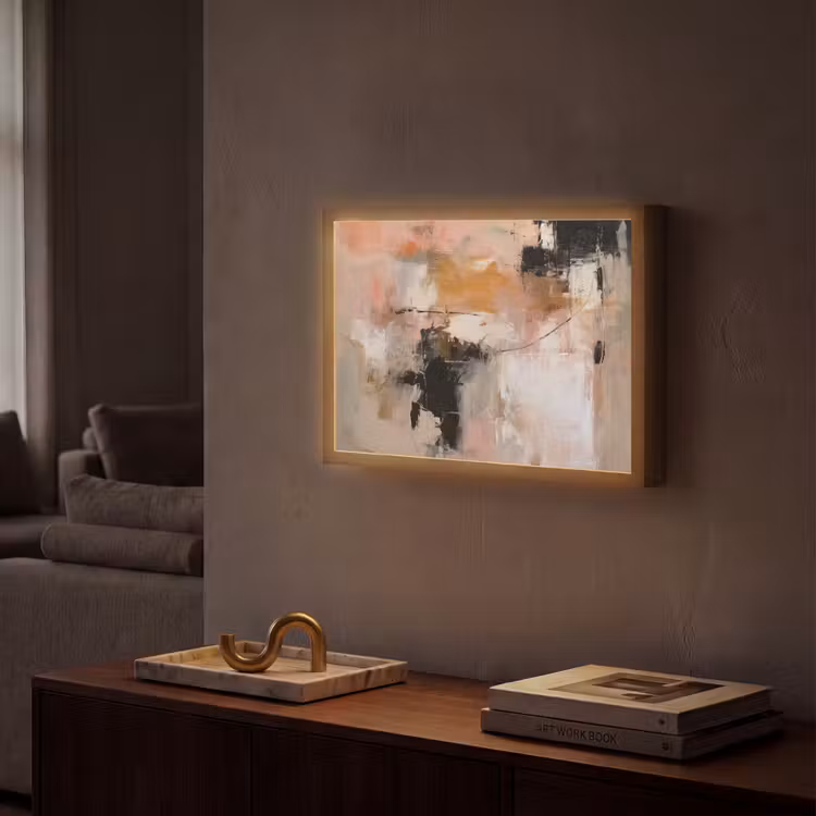 Kunst - Abstract - Beige - Verf Light Box met batterij (Wandlamp) middel -sfeer1