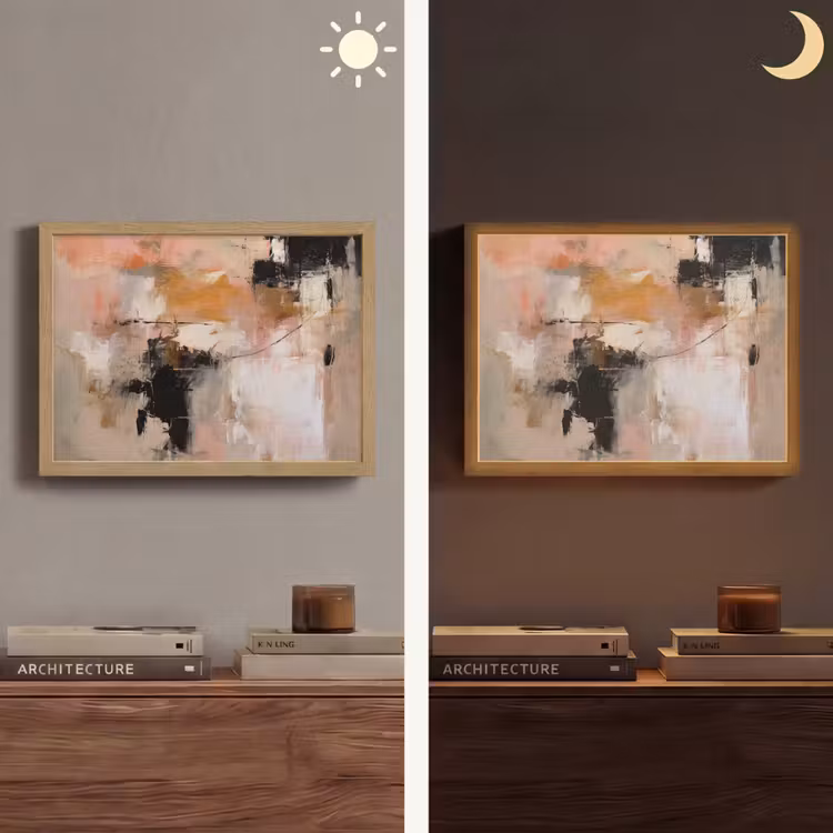 Kunst - Abstract - Beige - Verf Light Box met batterij (Wandlamp) middel -sfeer3