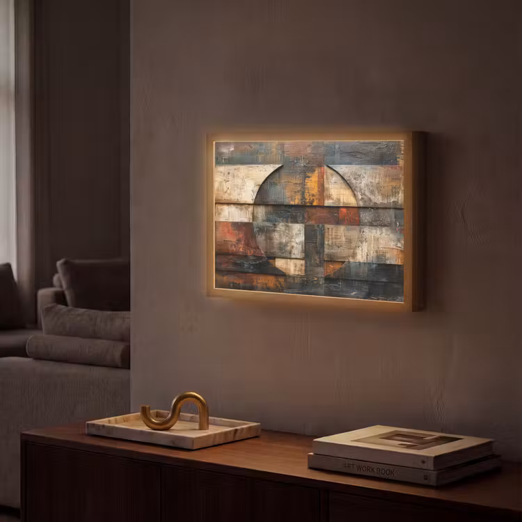 Kunst - Bruin - Abstract - Hout motief Light Box met batterij (Wandlamp) middel -sfeer1