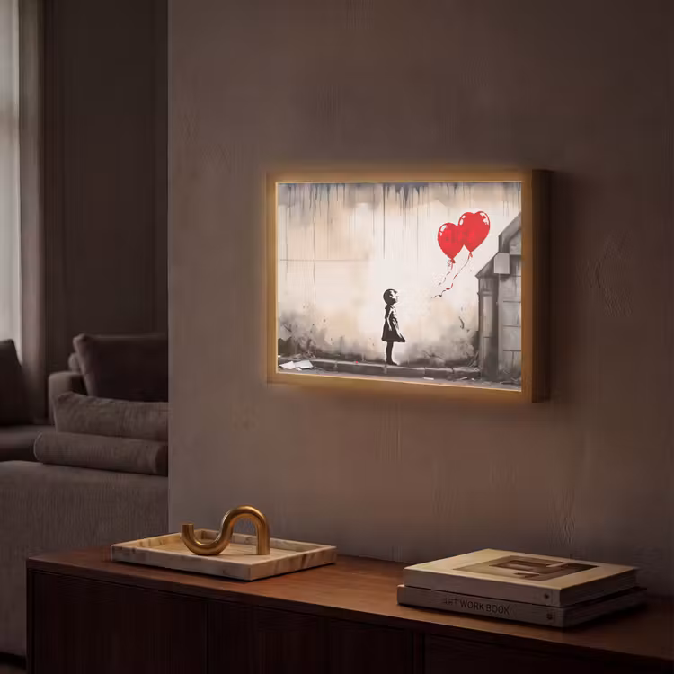 Kunst - Meisje - Ballonnen - Hart - Grijs Light Box met batterij (Wandlamp) middel -sfeer1