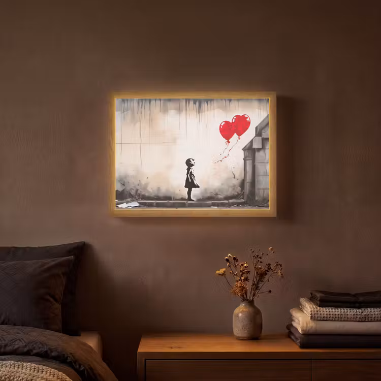 Kunst - Meisje - Ballonnen - Hart - Grijs Light Box met batterij (Wandlamp) middel -sfeer4