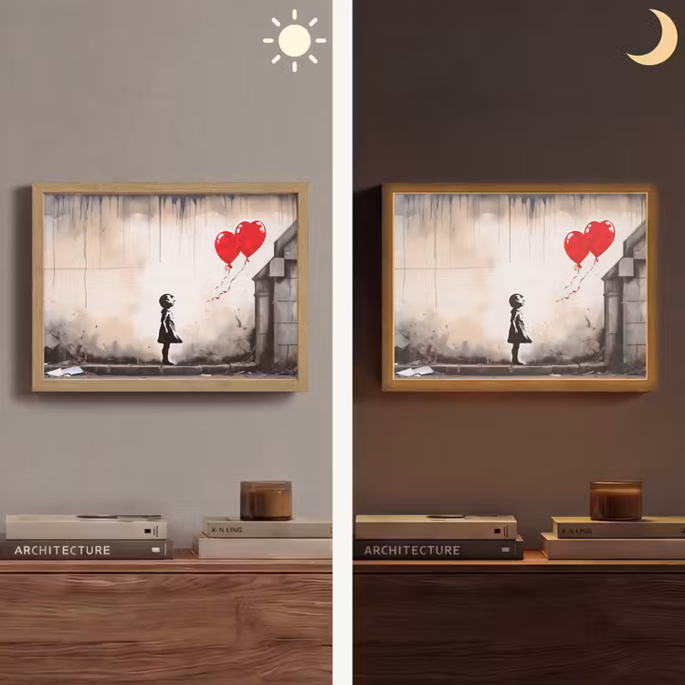 Kunst - Meisje - Ballonnen - Hart - Grijs Light Box met batterij (Wandlamp) middel -sfeer3