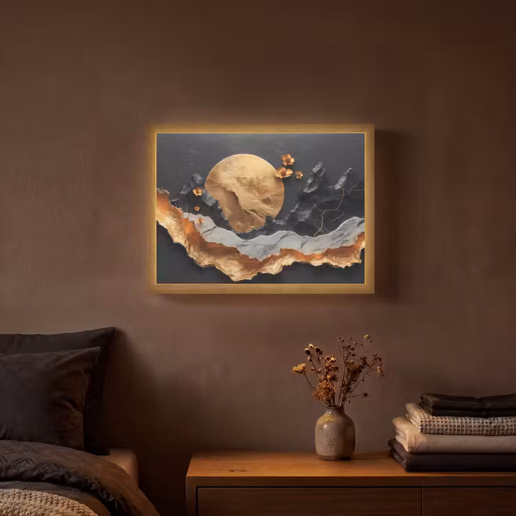 Kunst - Goud - Modern - Abstract Light Box met batterij (Wandlamp) middel -sfeer4