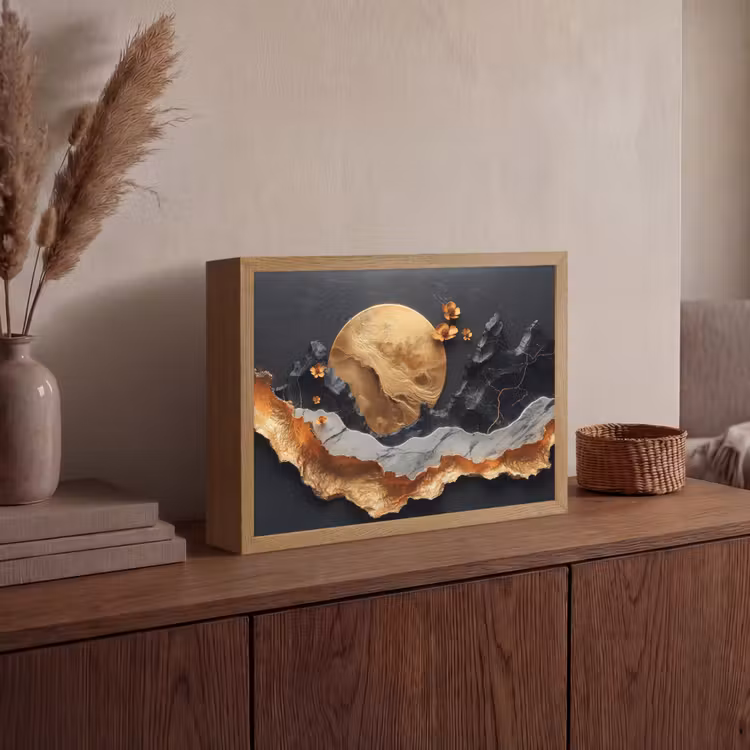Kunst - Goud - Modern - Abstract Light Box met batterij (Wandlamp) middel -sfeer2