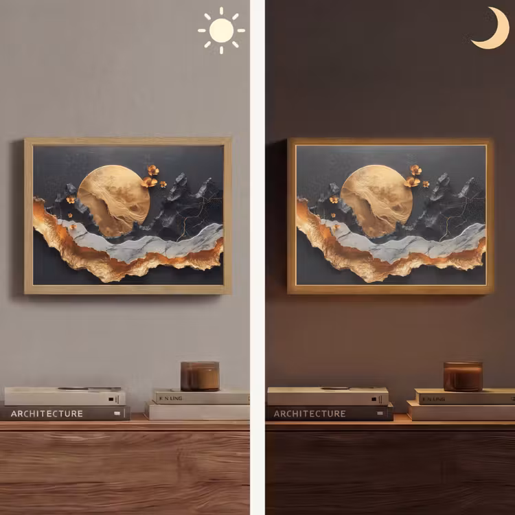 Kunst - Goud - Modern - Abstract Light Box met batterij (Wandlamp) middel -sfeer3