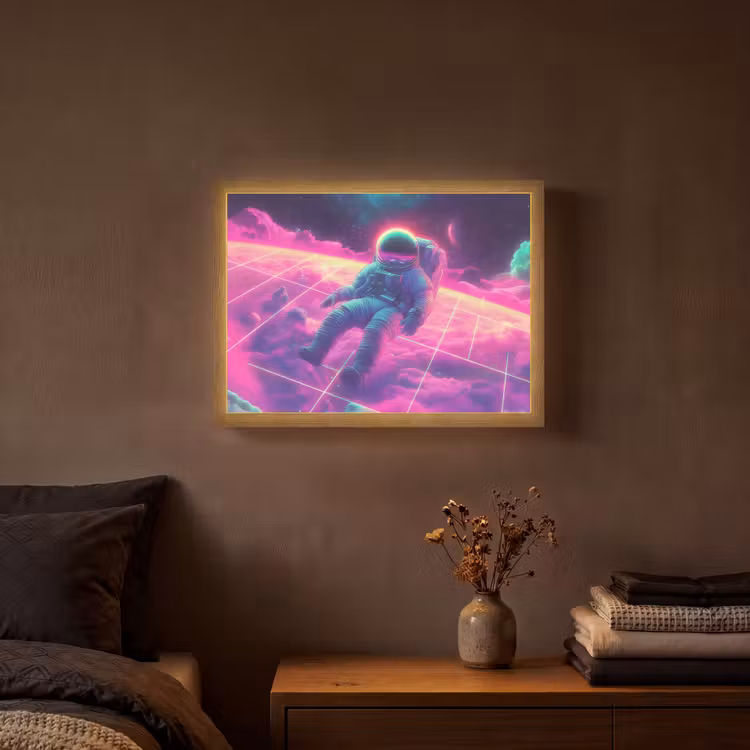 Astronaut - Neon - Roze - Wolken Light Box met batterij (Wandlamp) middel -sfeer4