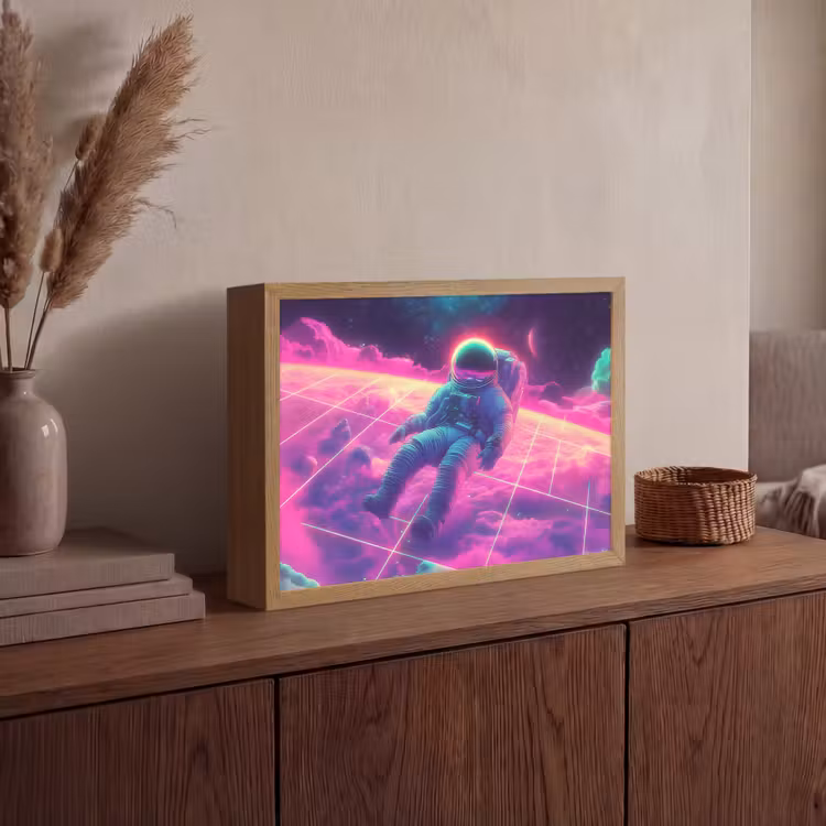 Astronaut - Neon - Roze - Wolken Light Box met batterij (Wandlamp) middel -sfeer2