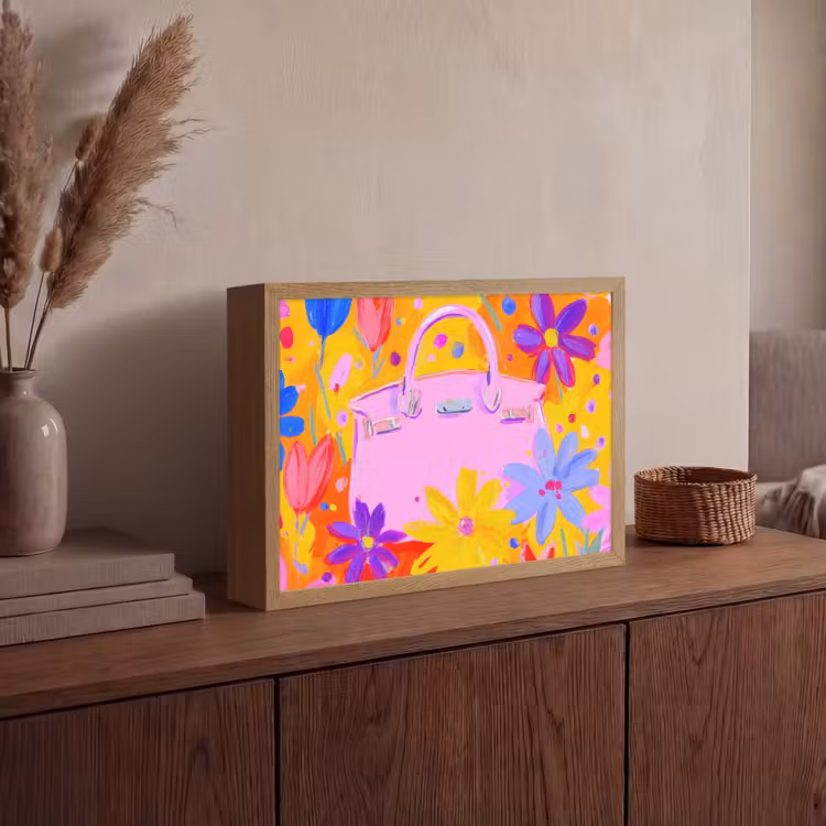 Tas - Roze - Bloemen Light Box met batterij (Wandlamp) middel -sfeer2