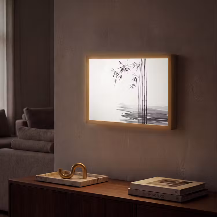 Bamboestammen - Water - Minimalistisch - Wit Light Box met batterij (Wandlamp) middel -sfeer1