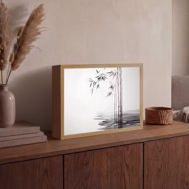 Bamboestammen - Water - Minimalistisch - Wit Light Box met batterij (Wandlamp) middel -sfeer2