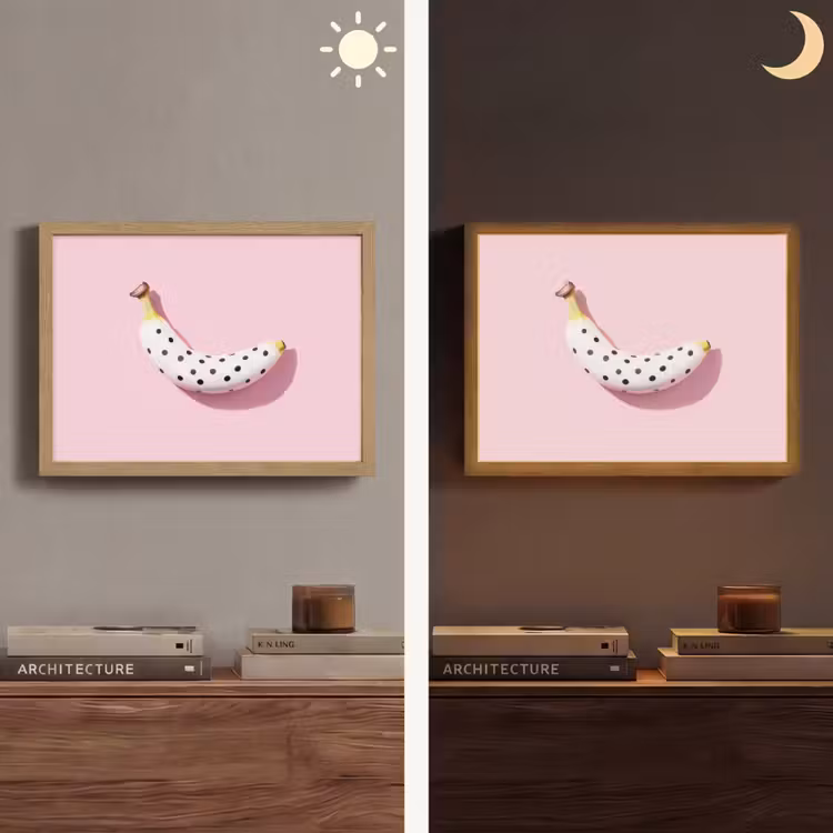 Banaan - Stippen - roze Light Box met batterij (Wandlamp) middel -sfeer3
