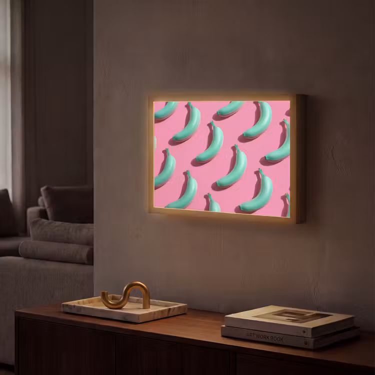 Bananen - Patroon - Blauw - Roze Light Box met batterij (Wandlamp) middel -sfeer1