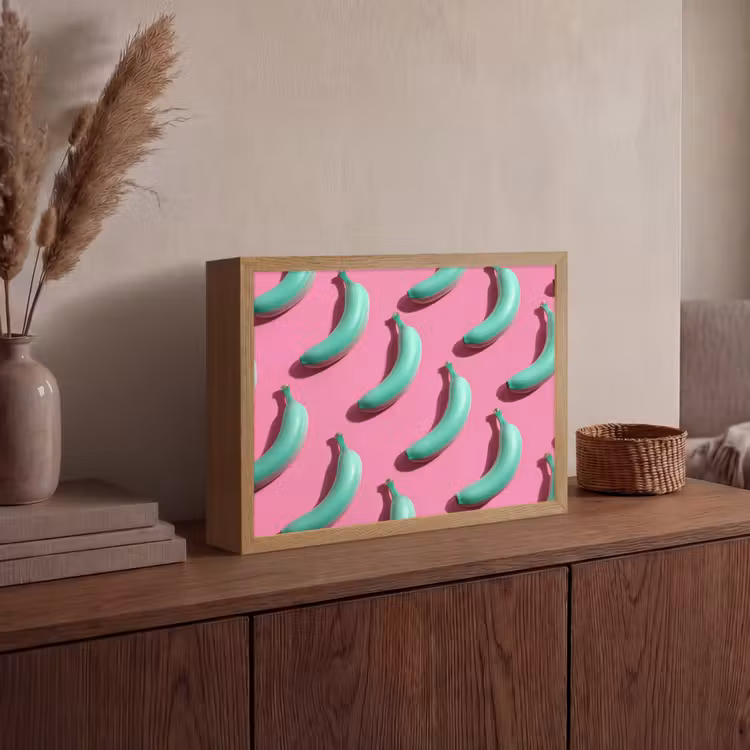 Bananen - Patroon - Blauw - Roze Light Box met batterij (Wandlamp) middel -sfeer2