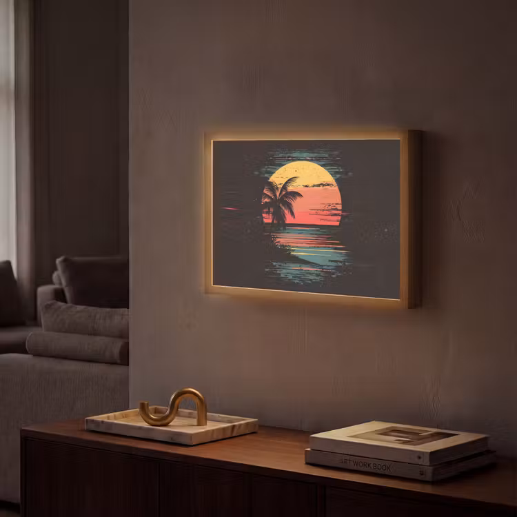 Strand - Minimalistisch - Zon - Oranje Light Box met batterij (Wandlamp) middel -sfeer1