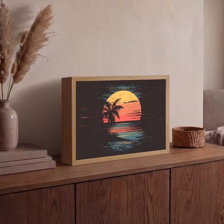 Strand - Minimalistisch - Zon - Oranje Light Box met batterij (Wandlamp) middel -sfeer2