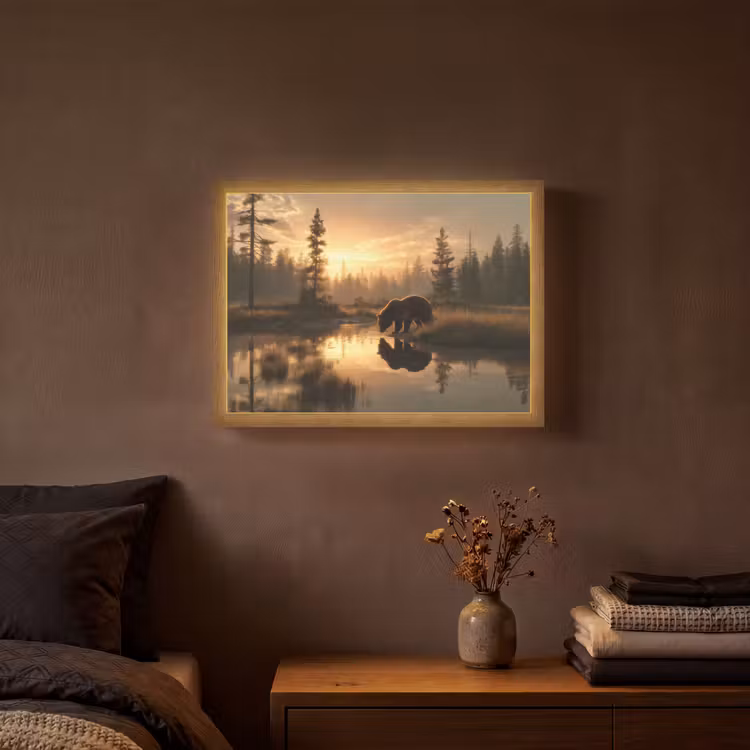 Beer - water - Bos - Ochtendlicht Light Box met batterij (Wandlamp) middel -sfeer4