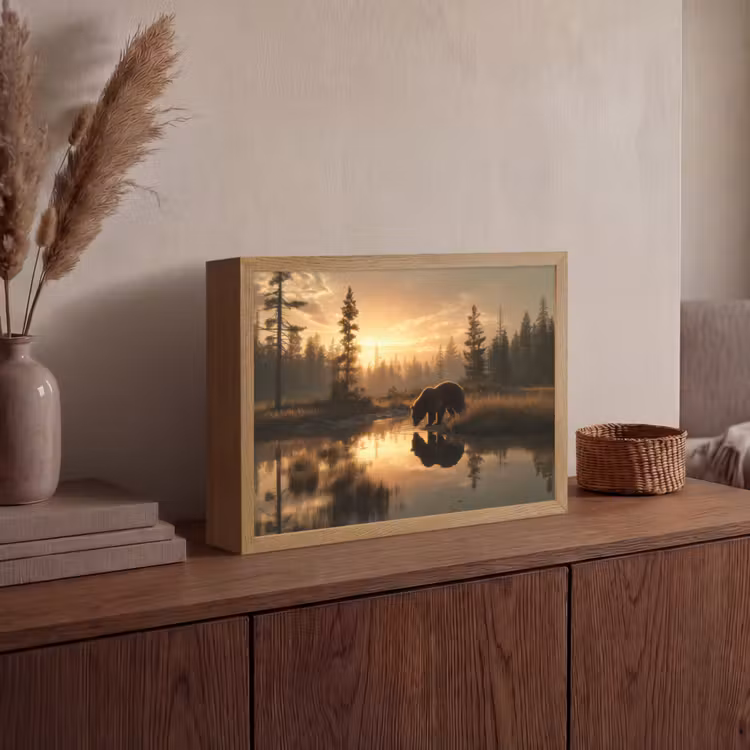 Beer - water - Bos - Ochtendlicht Light Box met batterij (Wandlamp) middel -sfeer2