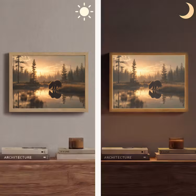 Beer - water - Bos - Ochtendlicht Light Box met batterij (Wandlamp) middel -sfeer3