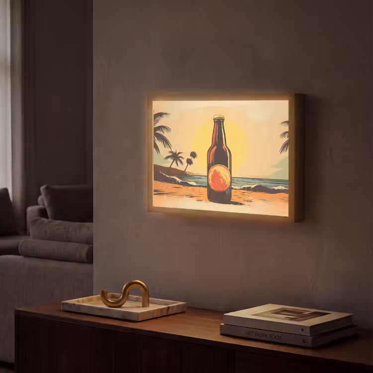 Bierfles - Zonsondergang - Palmbomen - Zee Light Box met batterij (Wandlamp) middel -sfeer1