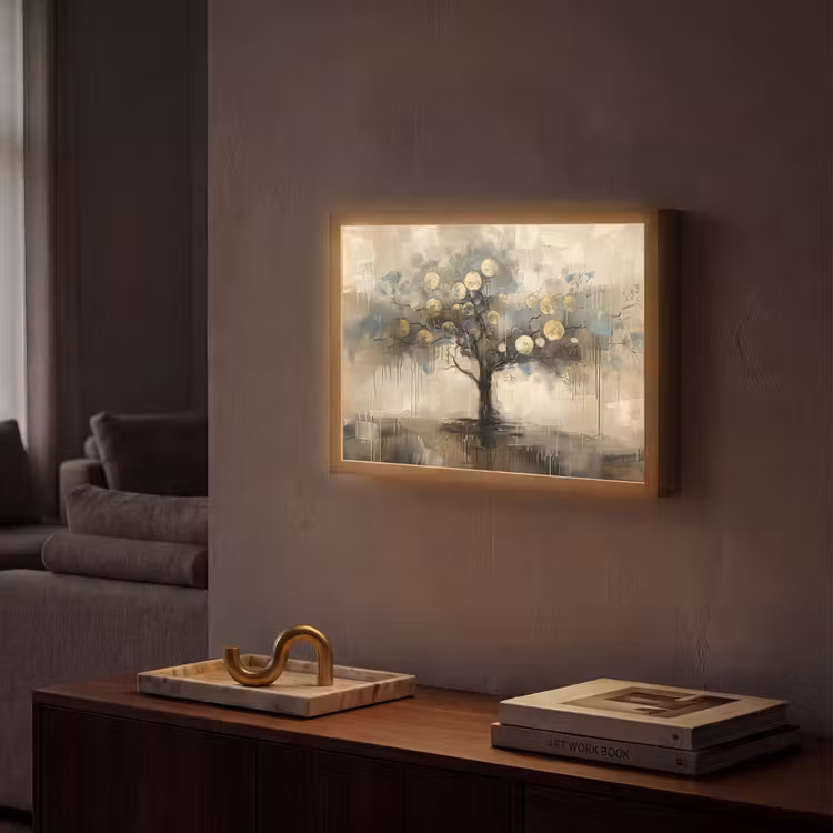 Beige - Abstract - Boom - Goud Light Box met batterij (Wandlamp) middel -sfeer1