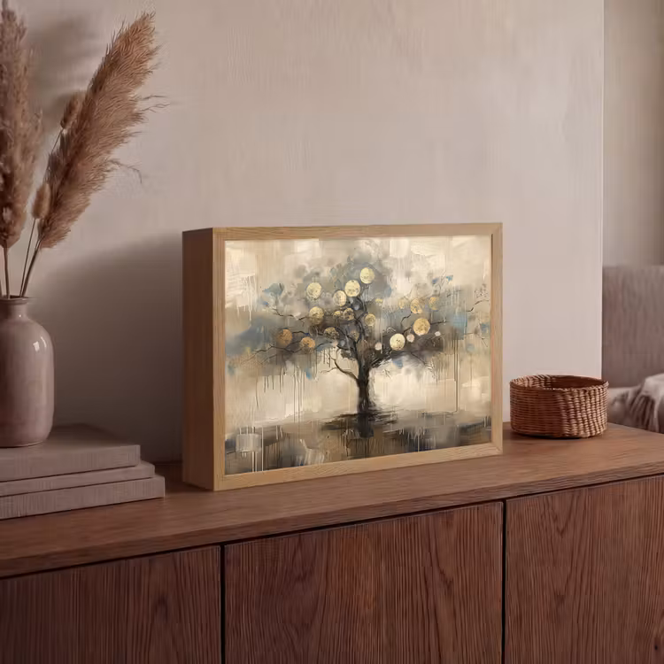 Beige - Abstract - Boom - Goud Light Box met batterij (Wandlamp) middel -sfeer2