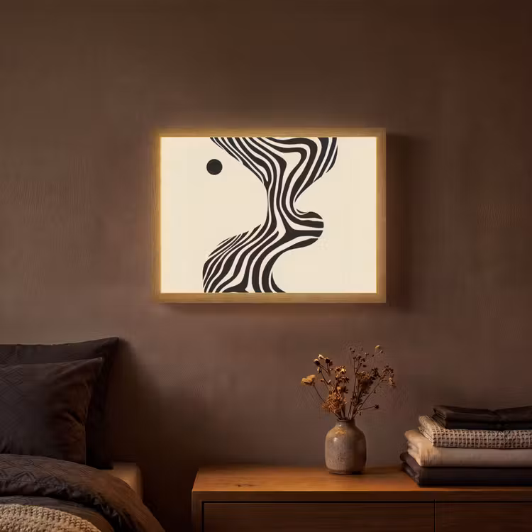 Beige - Lijnen - Golvend - Abstract Light Box met batterij (Wandlamp) middel -sfeer4