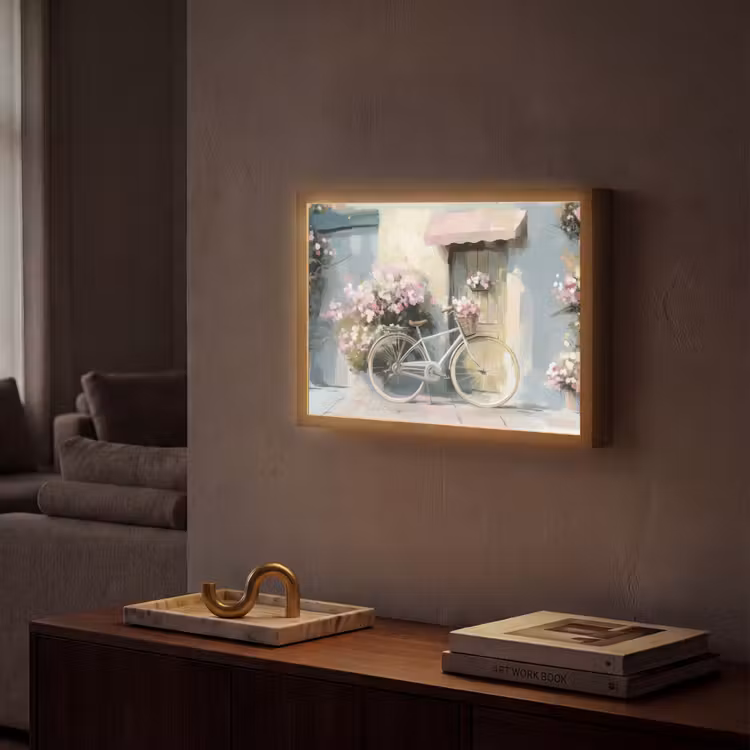 Fiets - Pastelkleuren - Bloemen Light Box met batterij (Wandlamp) middel -sfeer1