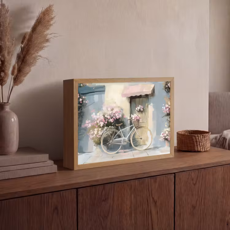 Fiets - Pastelkleuren - Bloemen Light Box met batterij (Wandlamp) middel -sfeer2