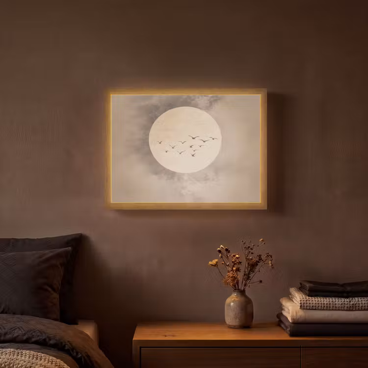 Vogel - Beige - Japandi Light Box met batterij (Wandlamp) middel -sfeer4