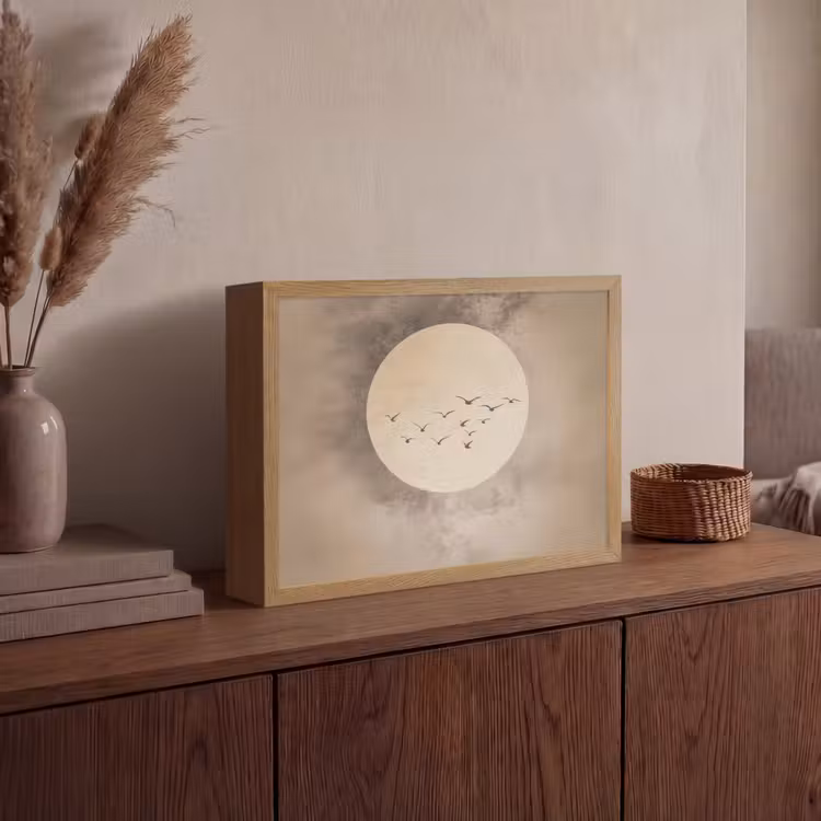 Vogel - Beige - Japandi Light Box met batterij (Wandlamp) middel -sfeer2