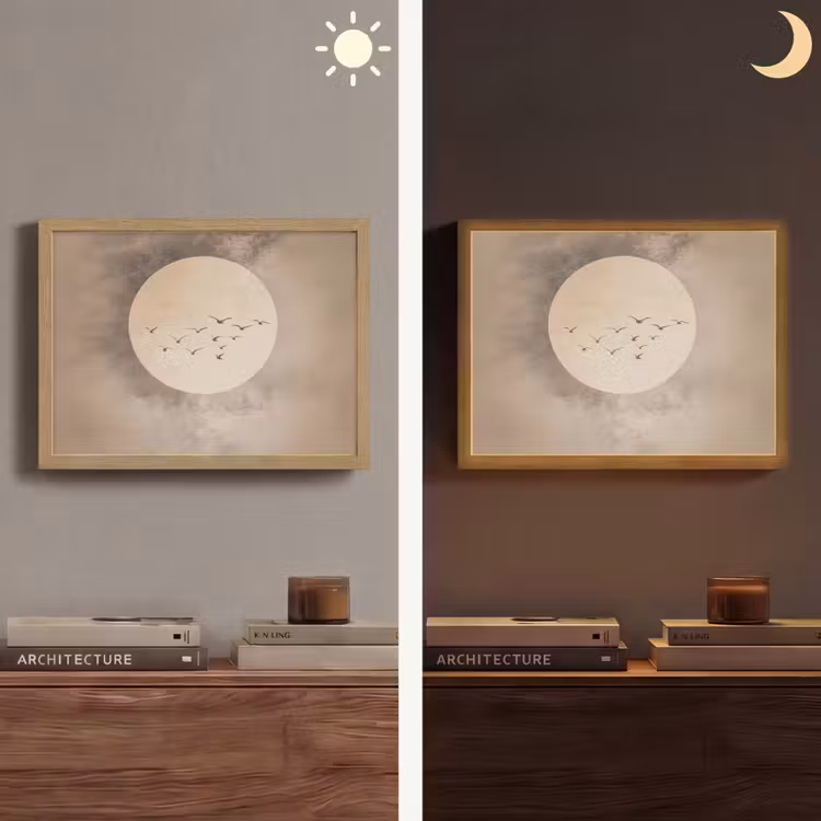 Vogel - Beige - Japandi Light Box met batterij (Wandlamp) middel -sfeer3